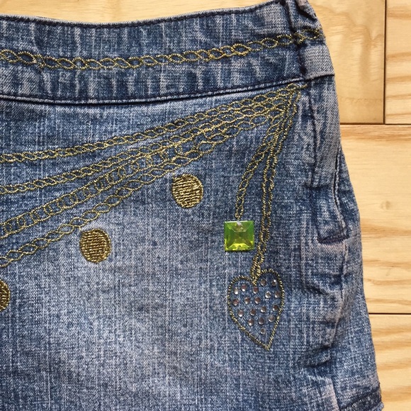 Jeweled Embroidered Ruffled Denim Jean Skirt - Picture 3 of 7